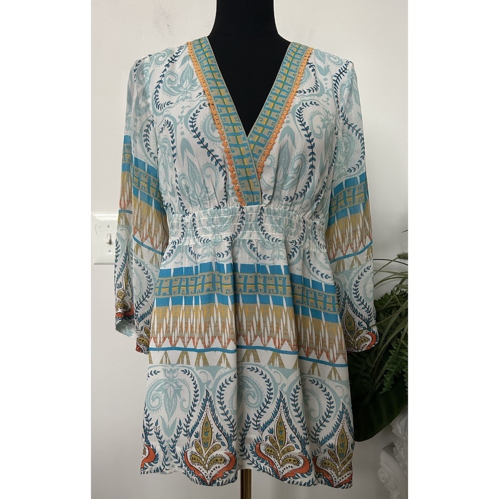 Sundance 100% Silk Multicolored Boho Babydoll Empire Peasant V-Neck Top Size M‎